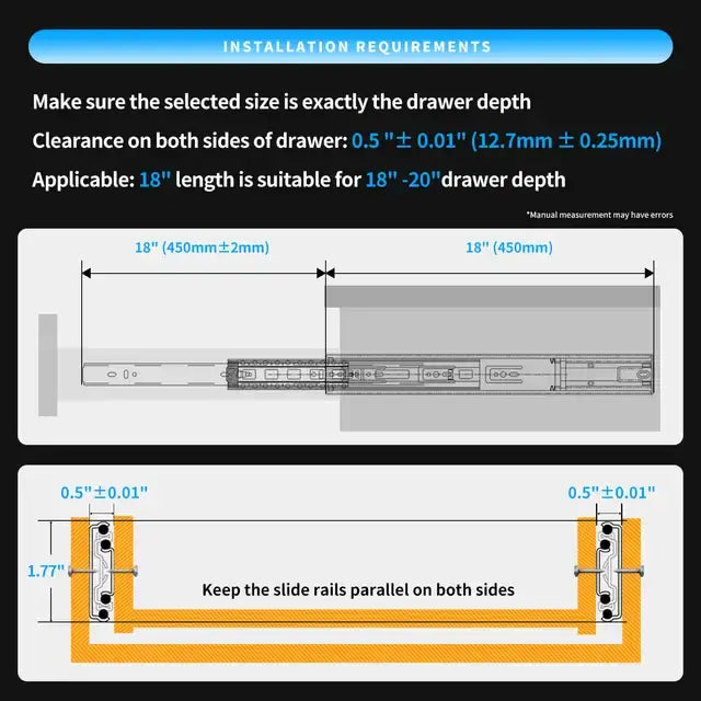 CXHIIA 100-lb. 1-Pair (2 Pieces) Full Extension Push-to-Open Galvanized / Electrophoretic Drawer Slides Set(10" to 24")..