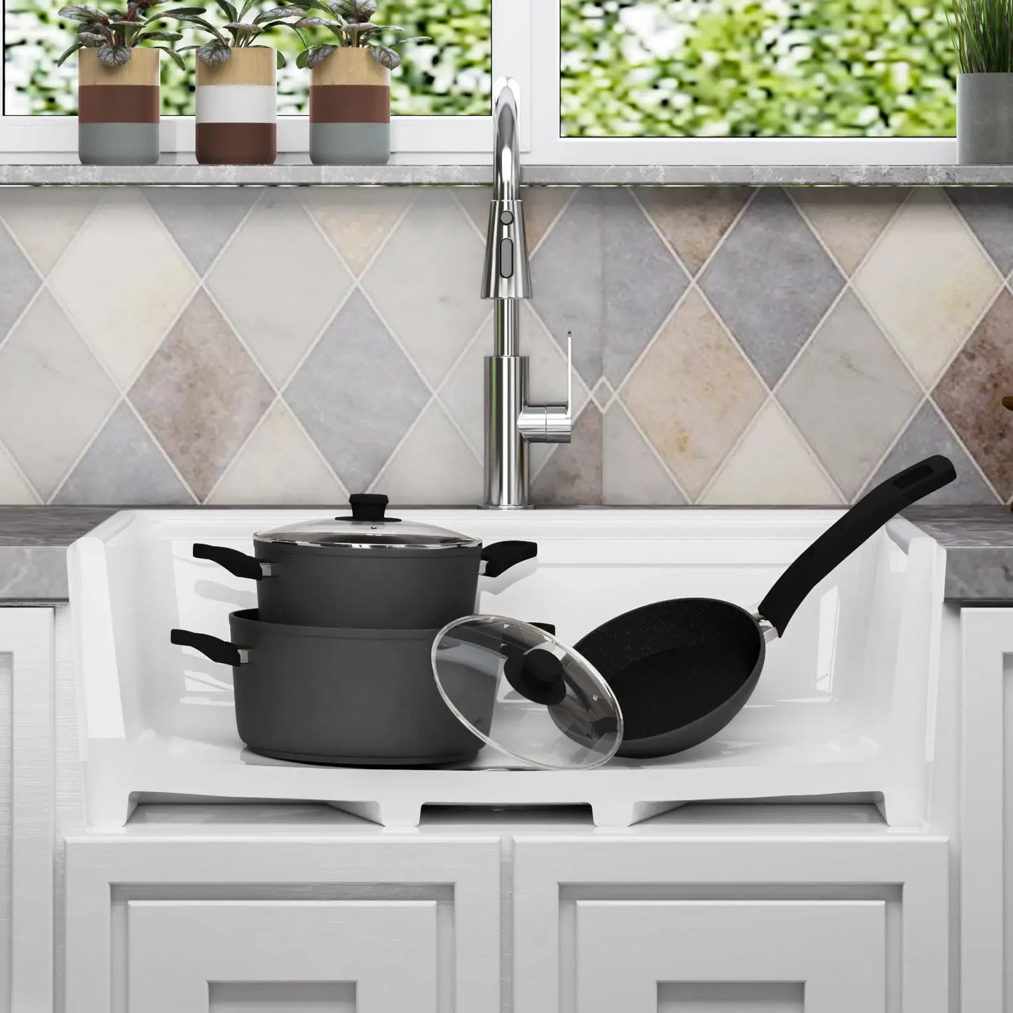 MEJE Single/Doubble Bowl Farmhouse Kitchen Sink ,Ceramic with Cutting Board ,Grid & Strainer - White 76/84 CM..