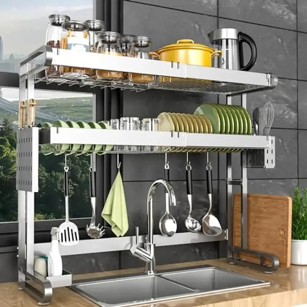 3-Tier Adjustable Stainless Steel Over Sink Dish Drying Rack with Utensil Holder Portable Expandable Kitchen Organization ..