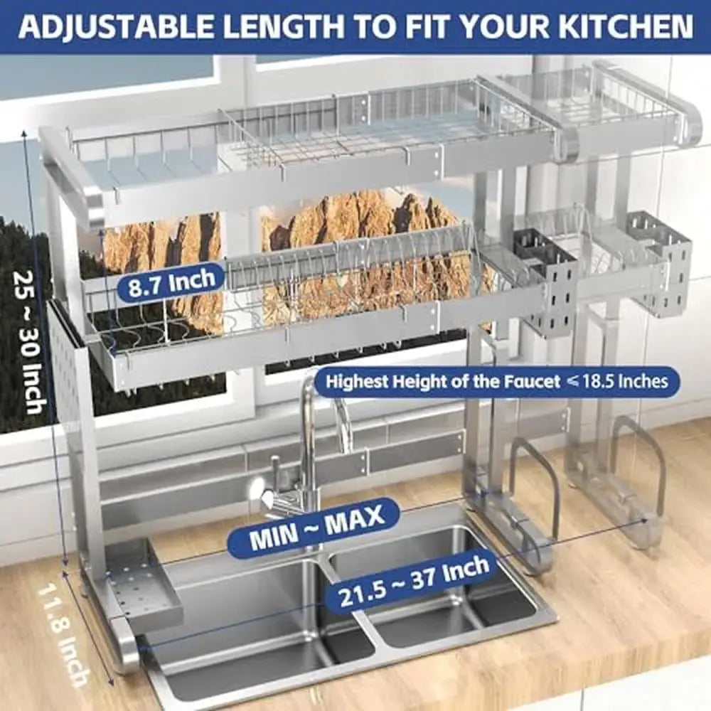 3-Tier Adjustable Stainless Steel Over Sink Dish Drying Rack with Utensil Holder Portable Expandable Kitchen Organization ..