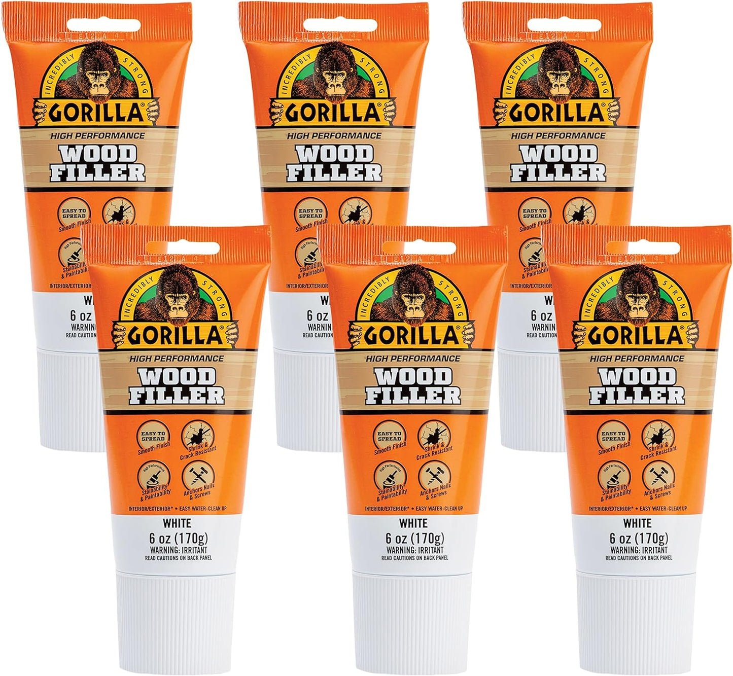 Gorilla All Purpose Wood Filler, 6oz Tube, White (Pack of 6)..