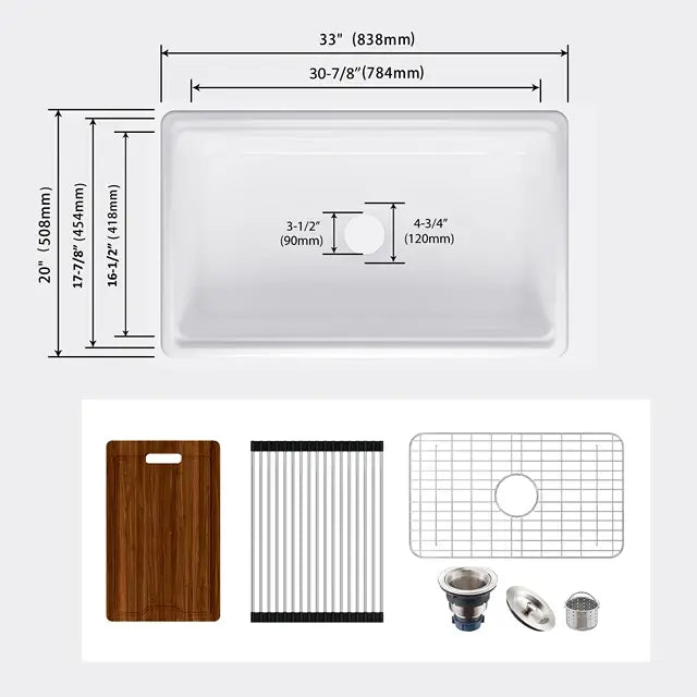 MEJE Single/Doubble Bowl Farmhouse Kitchen Sink ,Ceramic with Cutting Board ,Grid & Strainer - White 76/84 CM..