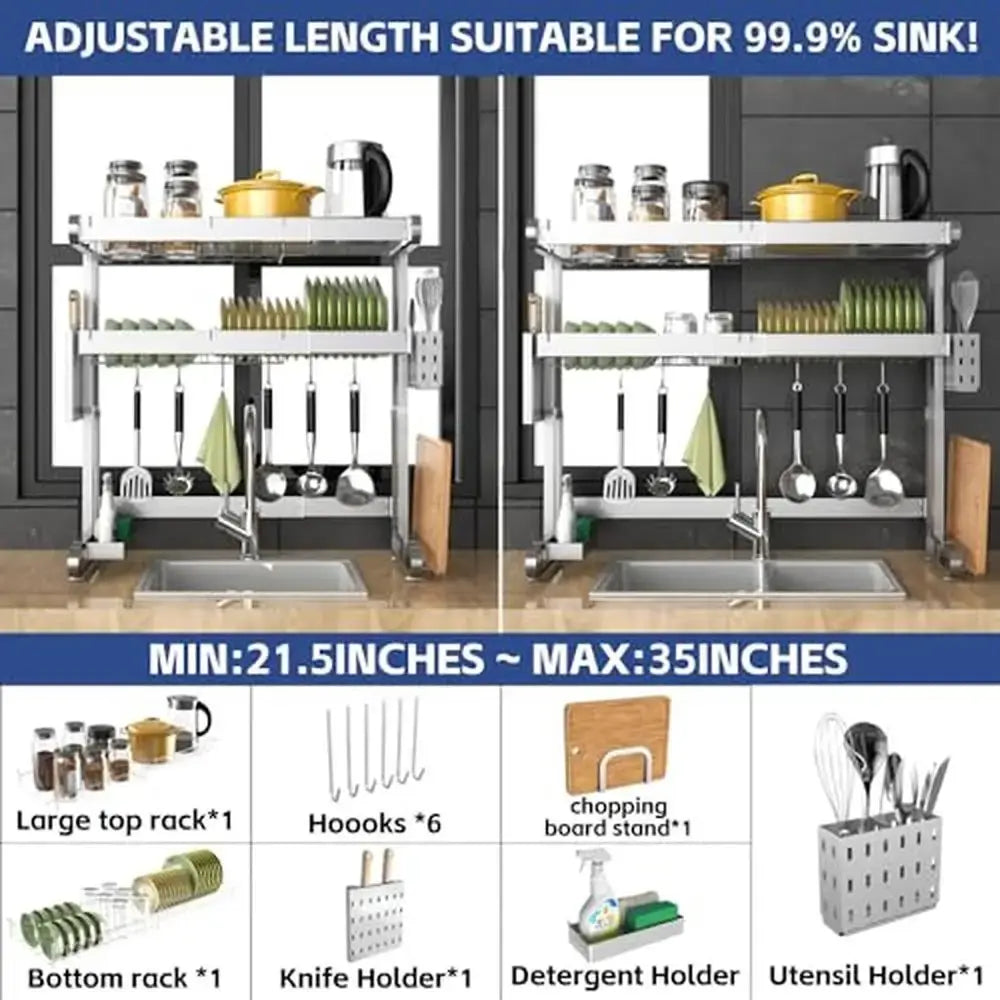 3-Tier Adjustable Stainless Steel Over Sink Dish Drying Rack with Utensil Holder Portable Expandable Kitchen Organization ..