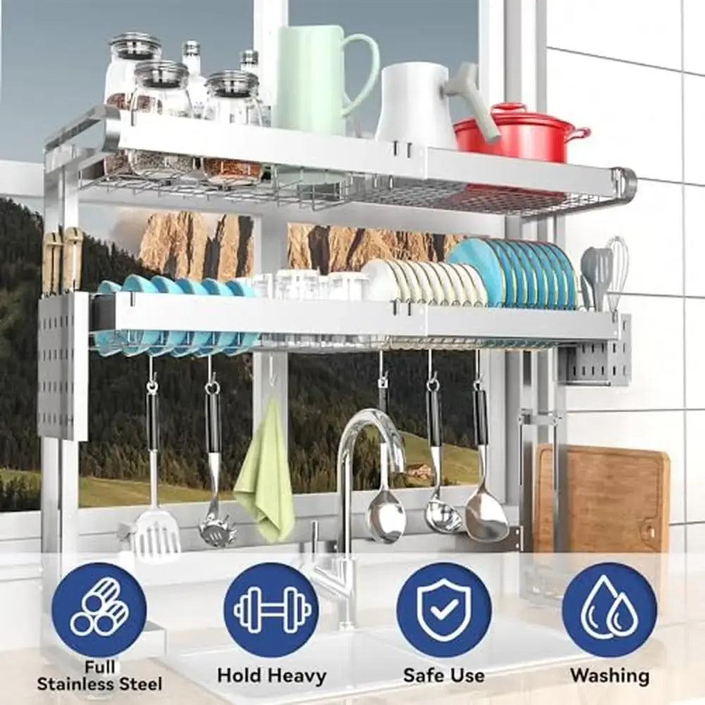 3-Tier Adjustable Stainless Steel Over Sink Dish Drying Rack with Utensil Holder Portable Expandable Kitchen Organization ..