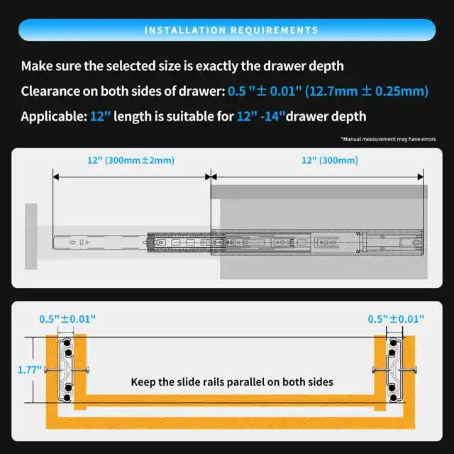 CXHIIA 100-lb. 1-Pair (2 Pieces) Full Extension Push-to-Open Galvanized / Electrophoretic Drawer Slides Set(10" to 24")..