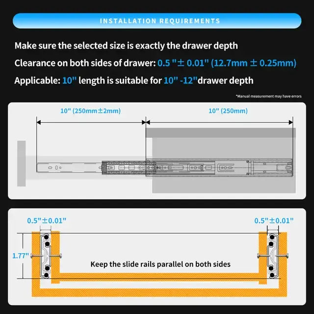 CXHIIA 100-lb. 1-Pair (2 Pieces) Full Extension Push-to-Open Galvanized / Electrophoretic Drawer Slides Set(10" to 24")..