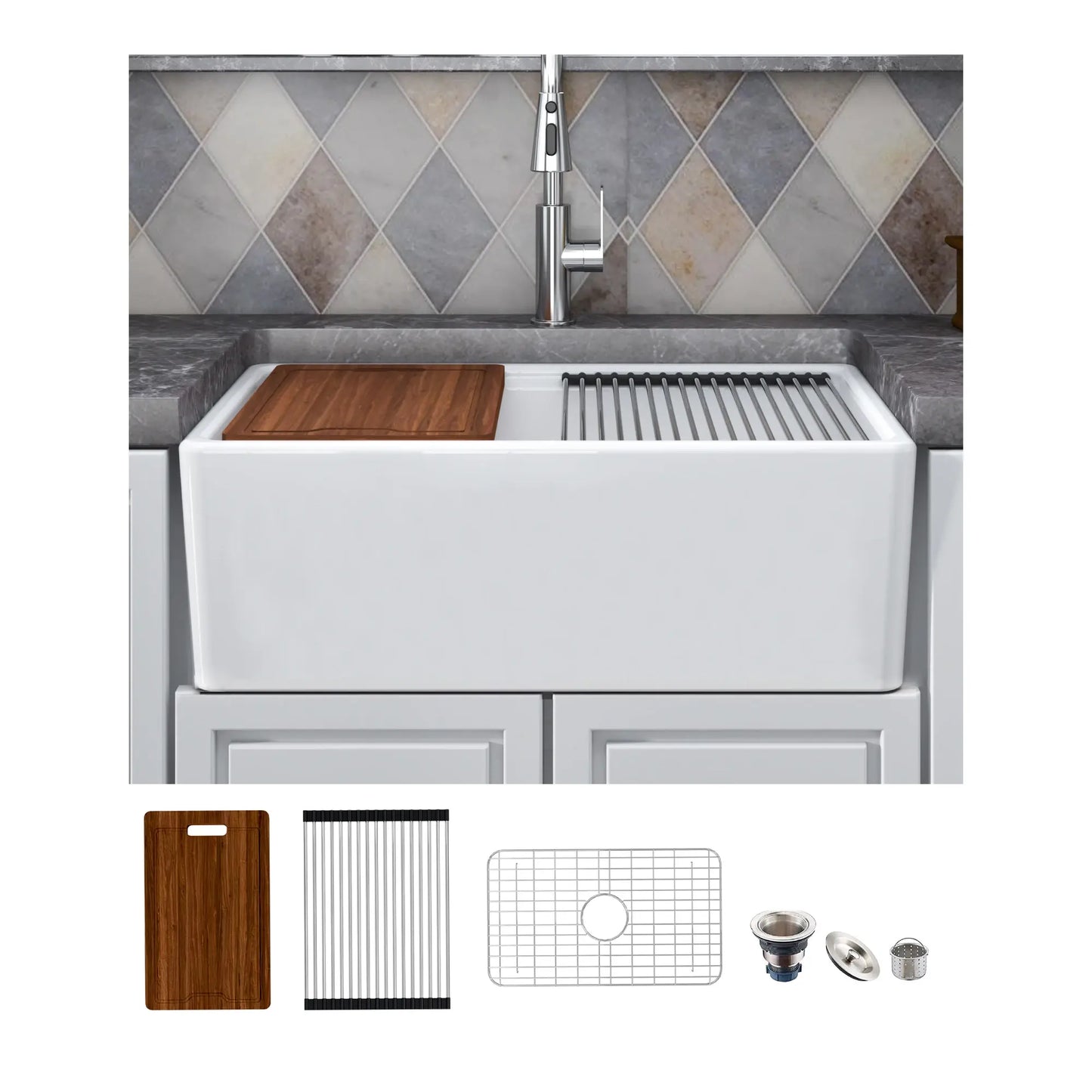 MEJE Single/Doubble Bowl Farmhouse Kitchen Sink ,Ceramic with Cutting Board ,Grid & Strainer - White 76/84 CM..