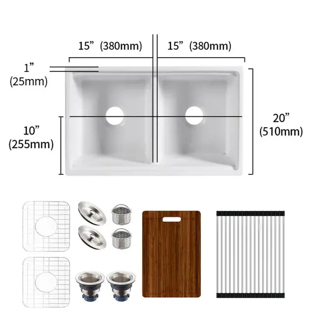 MEJE Single/Doubble Bowl Farmhouse Kitchen Sink ,Ceramic with Cutting Board ,Grid & Strainer - White 76/84 CM..