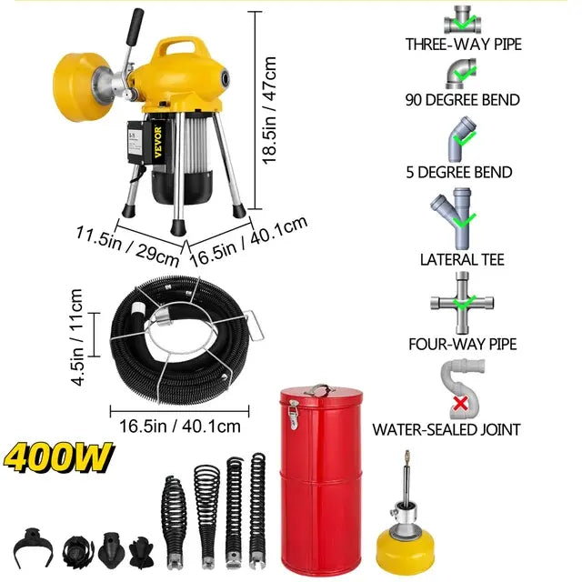 VEVOR Automatic Dredge Machine Pipe Drain Cleaning 250/400/500W Tube Cleaner Blockage Unblocker Toilet Sewer Dredge Machine..