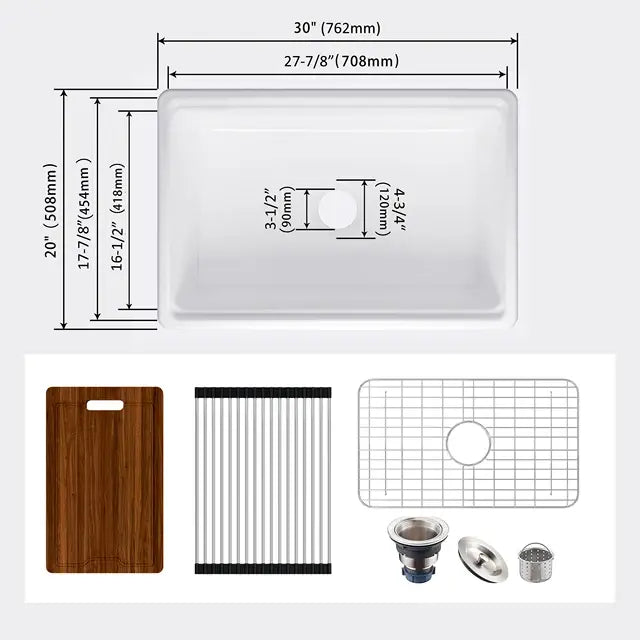 MEJE Single/Doubble Bowl Farmhouse Kitchen Sink ,Ceramic with Cutting Board ,Grid & Strainer - White 76/84 CM..