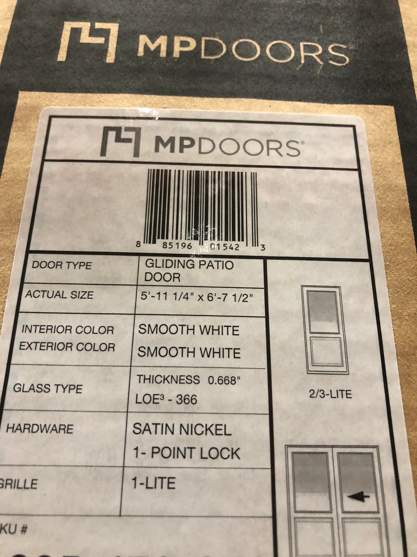 MP 72 in. x 80 in. LEFT-Hand Low E White Finished Composite Shaker Gliding Double Prehung Patio Door with Nickel Handle.