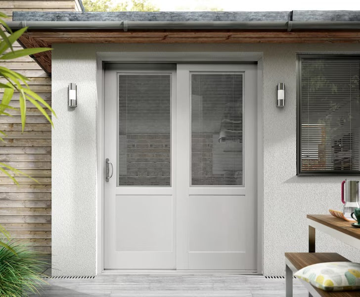 MP 72 in. x 80 in. LEFT-Hand Low E White Finished Composite Shaker Gliding Double Prehung Patio Door with Nickel Handle.