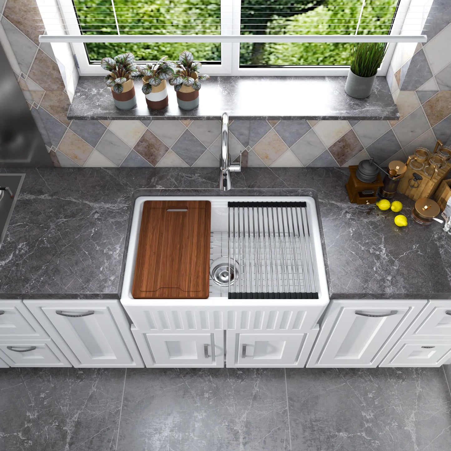 MEJE Single/Doubble Bowl Farmhouse Kitchen Sink ,Ceramic with Cutting Board ,Grid & Strainer - White 76/84 CM..