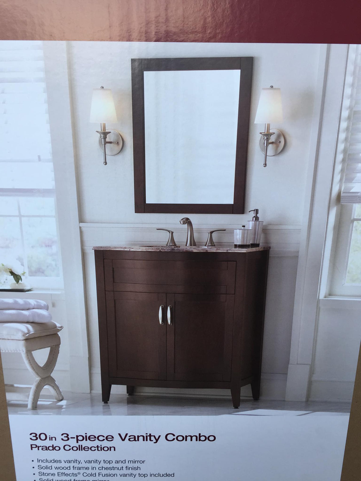 HOME DECORATORS COLLECTION Prado 30 in. Vanity in Chestnut with Stone Effects Vanity Top in Cold Fusion and Mirror, Model PD30P3-CN