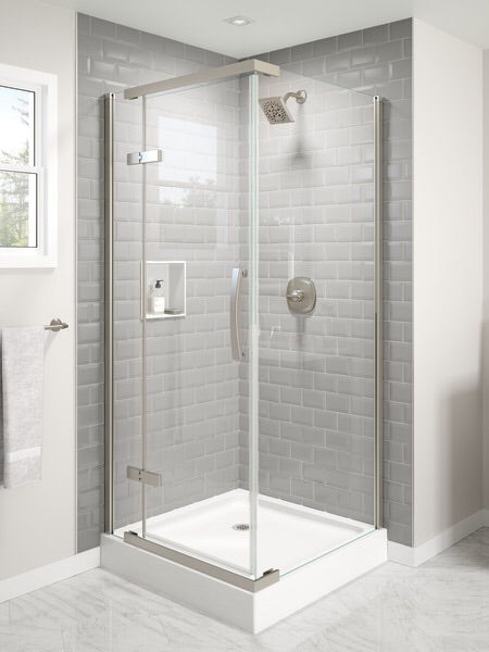 Delta 36 in. x 36 in. x 76 in. 3-Piece Corner Hinged Frameless Shower Enclosure in Stainless. Model: B912912-3636-SS