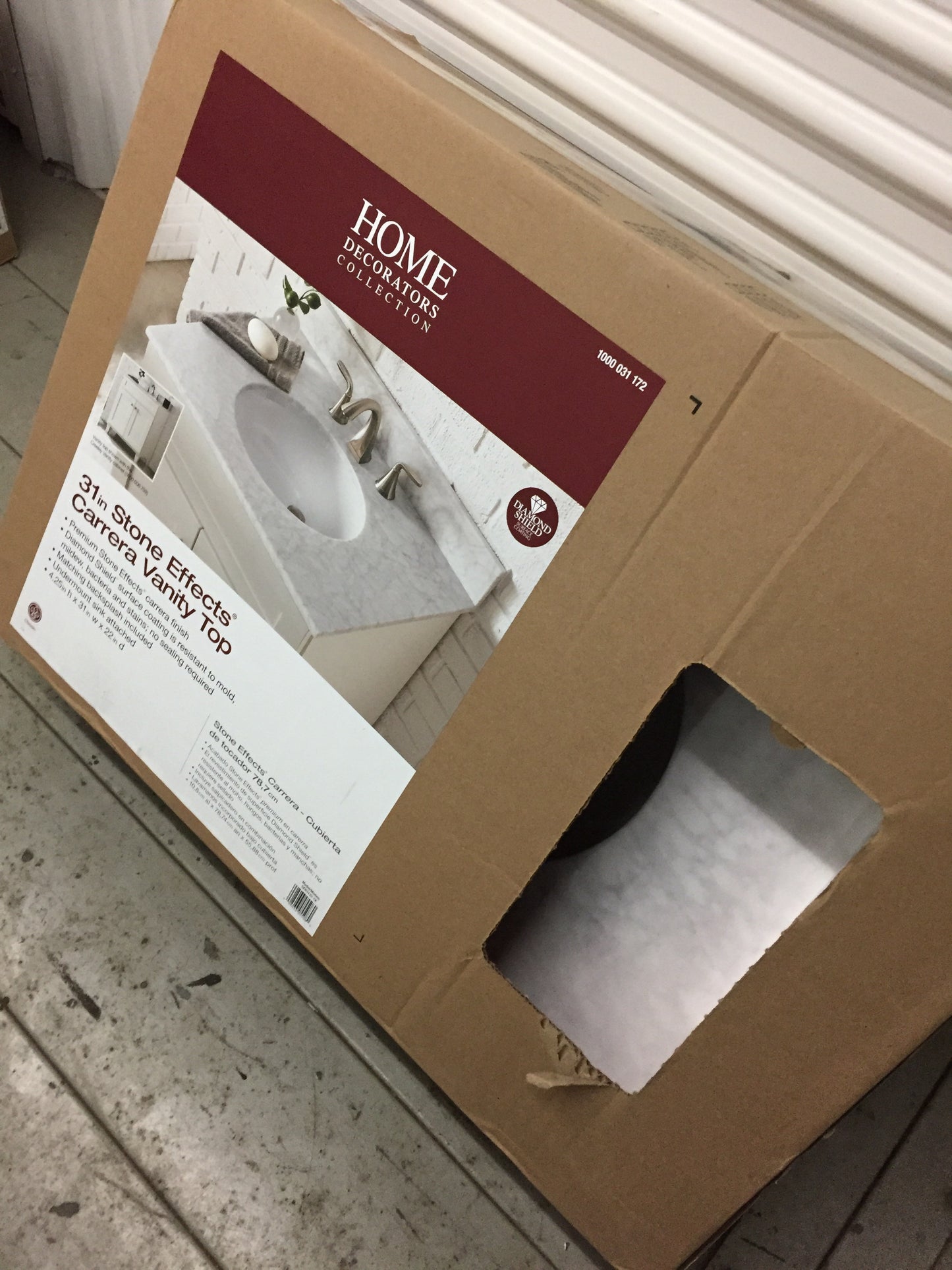 31 in. Stone Effects Vanity Top in Carrera with White Sink.