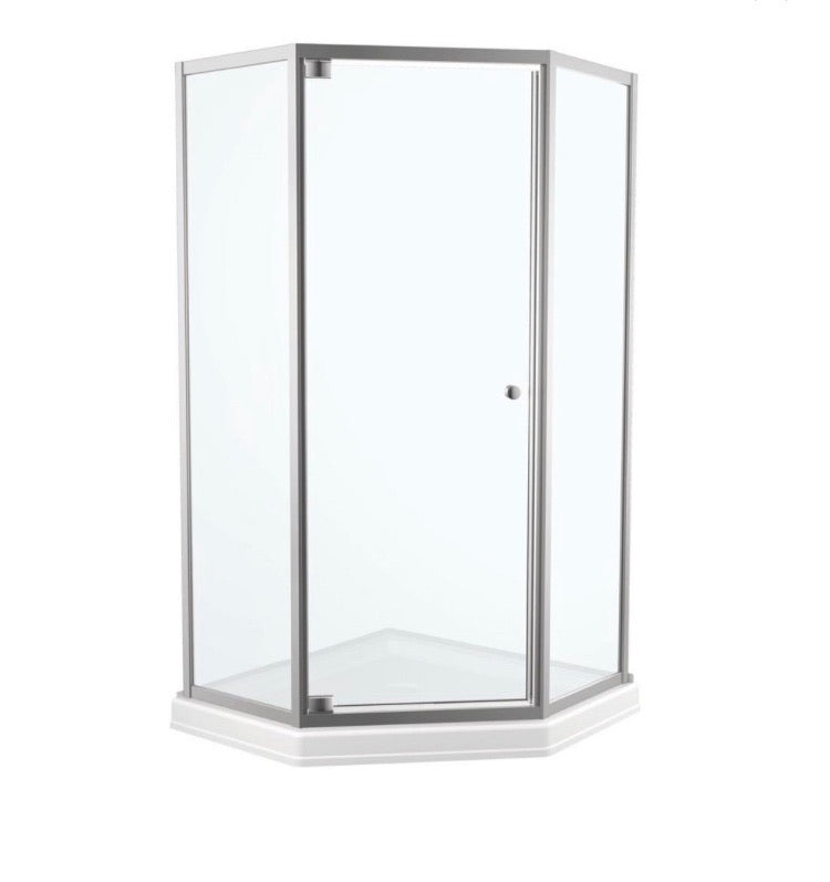 Delta Foundations 38 in. W x 74 in. H Neo-Angle Pivot Framed Corner Shower Enclosure in chrome.