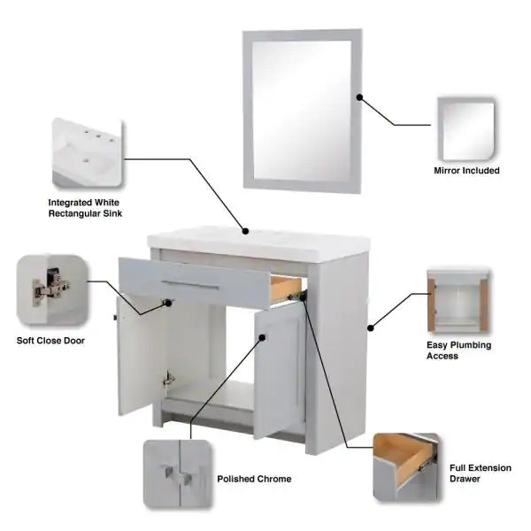 Greenview 36.50 in. W x 18.75 in. D x 36.27 in. H Single Sink Bath Vanity in Pearl Gray with Marble Top and Mirror.