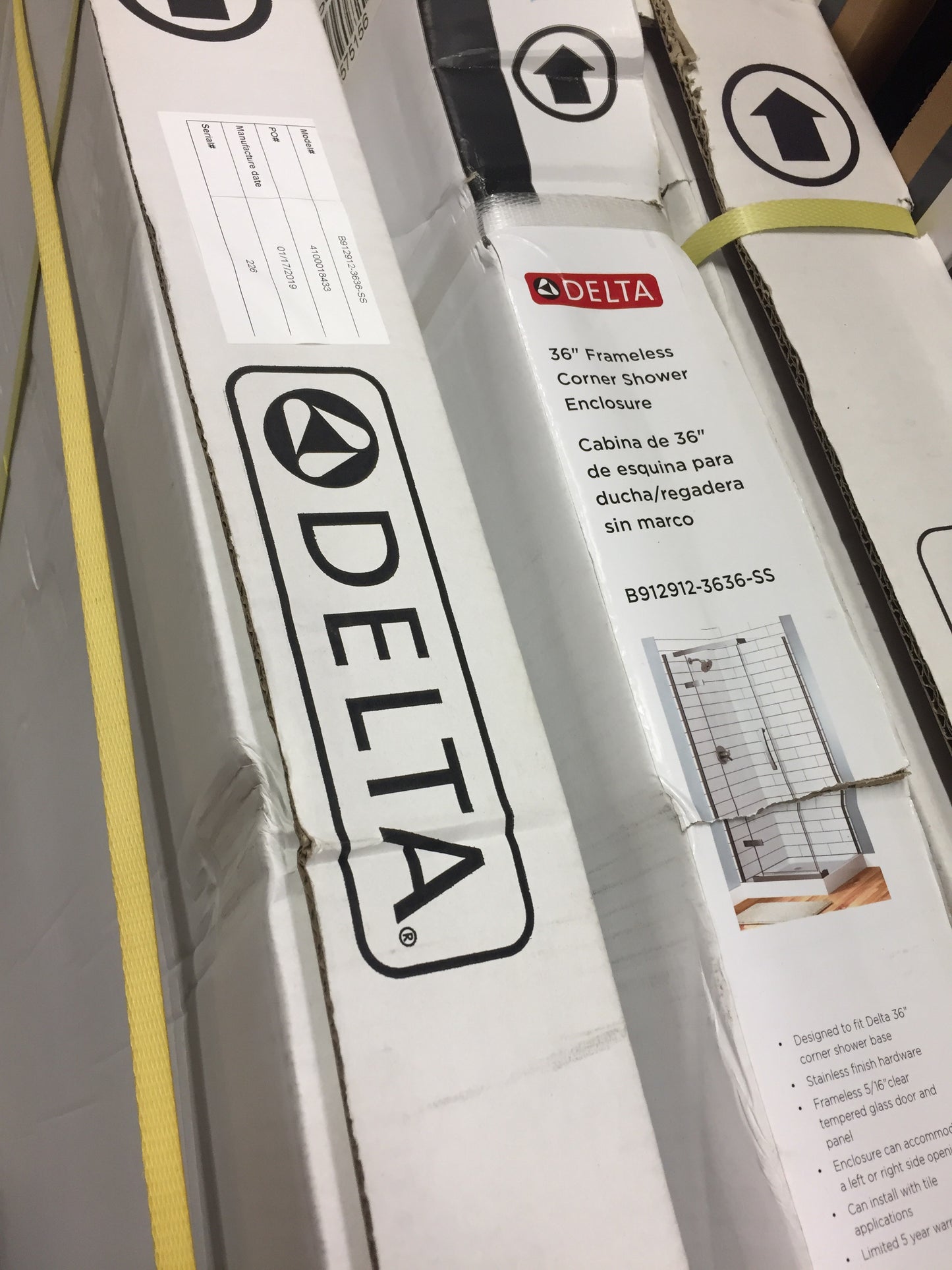Delta 36 in. x 36 in. x 76 in. 3-Piece Corner Hinged Frameless Shower Enclosure in Stainless. Model: B912912-3636-SS