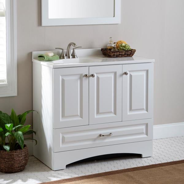 Glacier Bay Lancaster 36 in. W Side Drawer Bath Vanity in White with Cultured Marble Vanity Top.