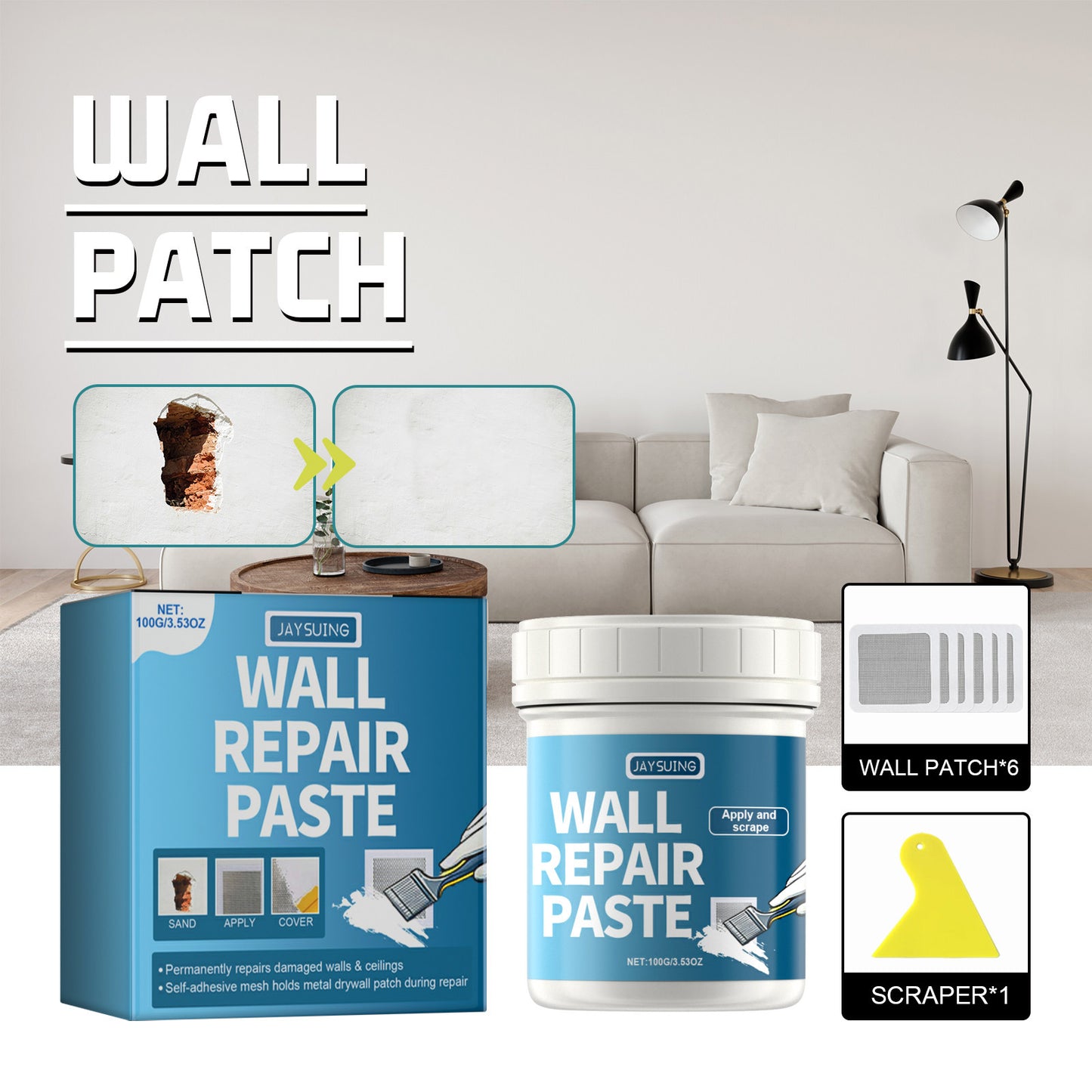 Jaysuing Wall Leak Fill Repair Plaster Set Home Wall Repair Cover Stain Reconditioning Paint