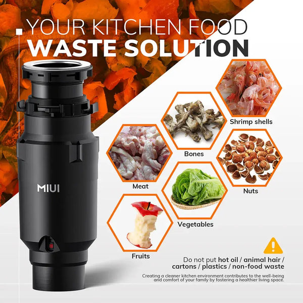 MIUI Continuous Feed Garbage Disposal with Sound Reduction,1/2 HP Food Waste Disposer with Stainless Steel Grinding System..