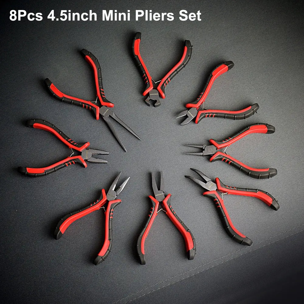 NEWACALOX 8Pcs Mini Pliers Set Jewelry Making Beading Wire 4.5 Inch Wire Cutter Pliers Manual Diagonal Pliers DIY Plier Set..