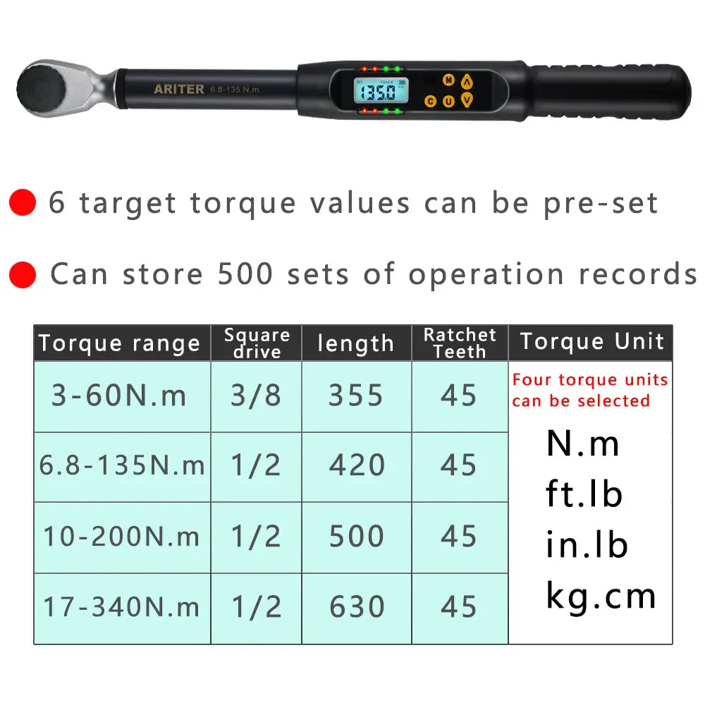 ARITER 3/8" 1/2" Digital Torque Wrench Professional Adjustable High Accuracy Data Save Bike Car Bicycle Repair Torque Tool Key..