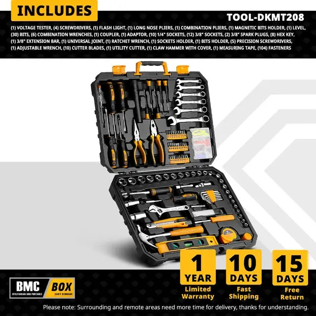 DEKO 168Pcs/208Pcs Hand Tool edc. Woodworking Multi Tools with Tool Box Include Socket Set Torque Wrench Hammer Knife..