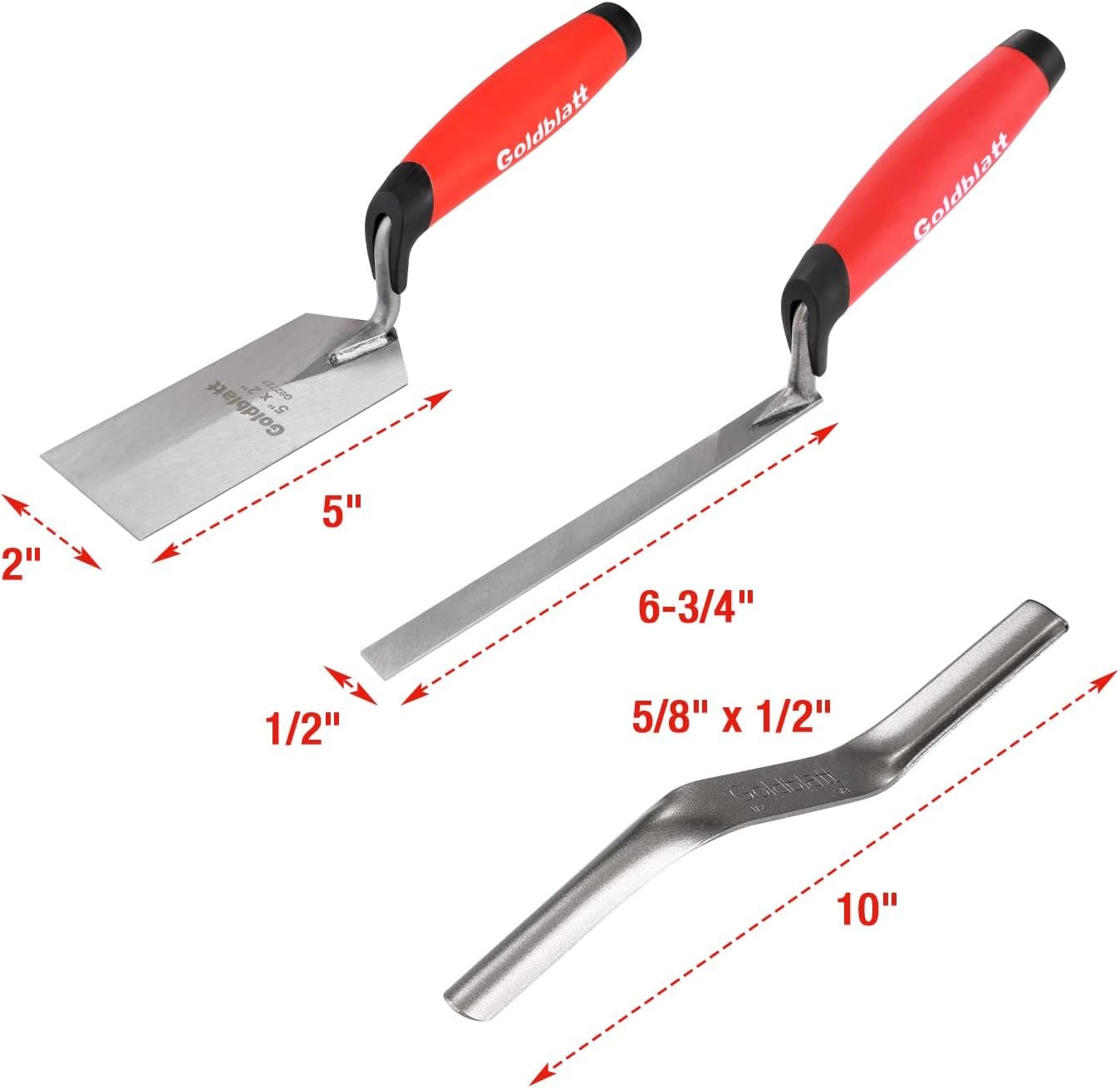 Goldblatt 6PC Masonry Hand Tool Set - 11" x 5-1/2" Philadelphia Brick Trowel, 2PC Pointing Trowel, 5" x 2" Margin Trowel, 1/2" Tuck Pointing Trowel, 5/8” x 1/2” Convex Brick Jointer