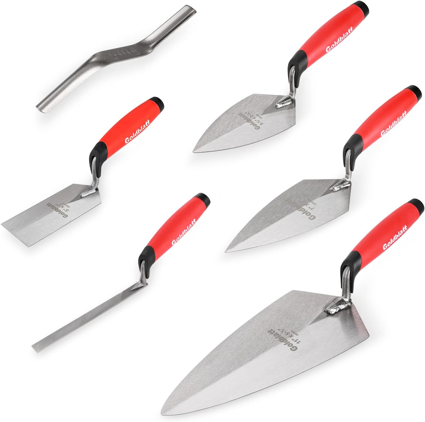 Goldblatt 6PC Masonry Hand Tool Set - 11" x 5-1/2" Philadelphia Brick Trowel, 2PC Pointing Trowel, 5" x 2" Margin Trowel, 1/2" Tuck Pointing Trowel, 5/8” x 1/2” Convex Brick Jointer