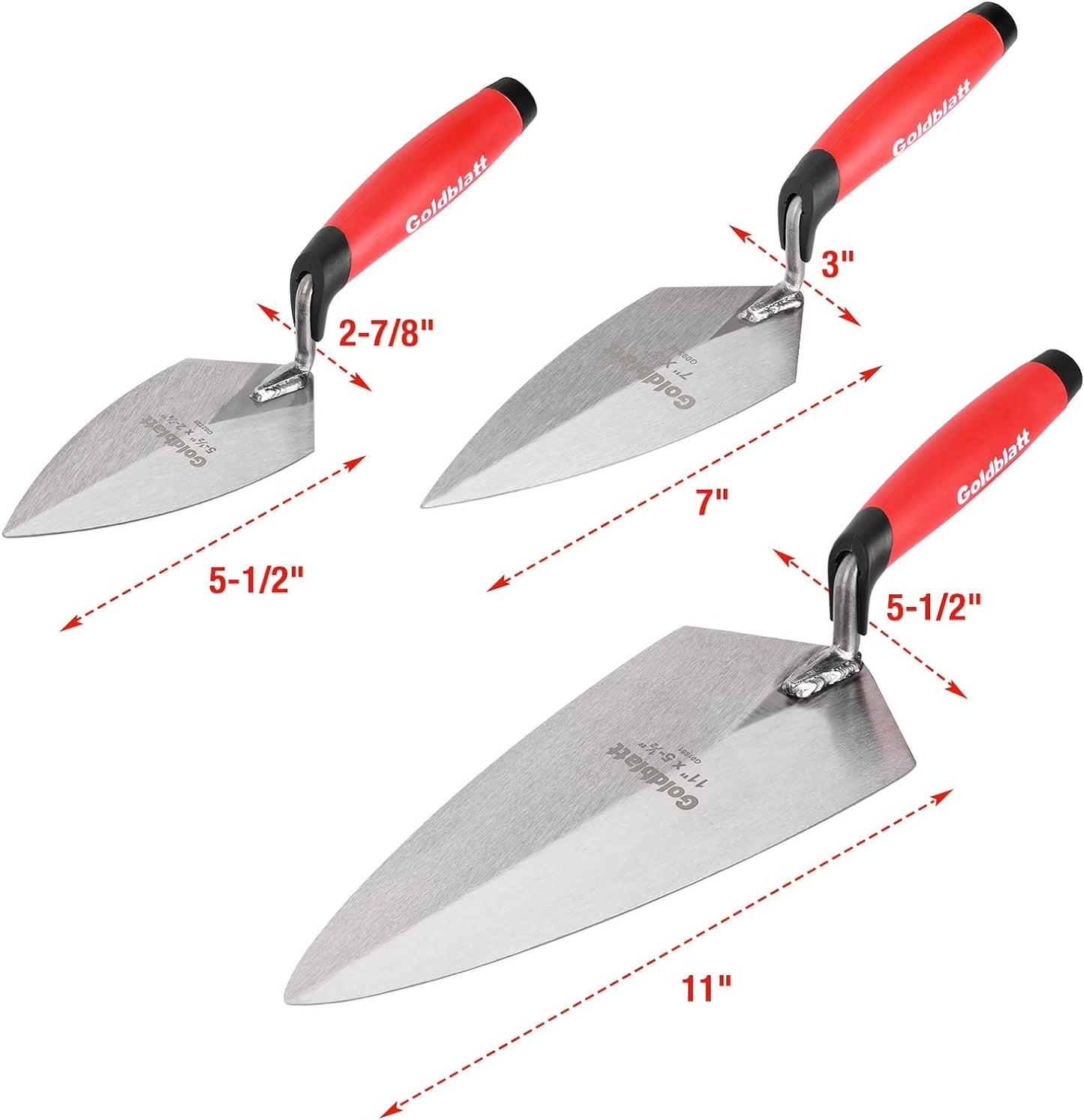 Goldblatt 6PC Masonry Hand Tool Set - 11" x 5-1/2" Philadelphia Brick Trowel, 2PC Pointing Trowel, 5" x 2" Margin Trowel, 1/2" Tuck Pointing Trowel, 5/8” x 1/2” Convex Brick Jointer