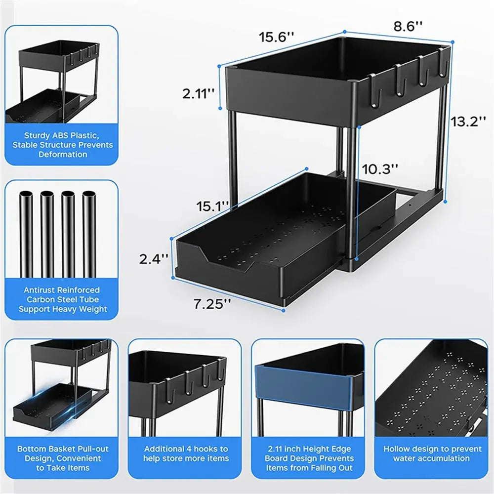 Kitchen Under Sink Organizer Storage Rack  2 Tier Shampoo Detergent Cabinet Spices Rack Bathroom Cosmetics Storage..