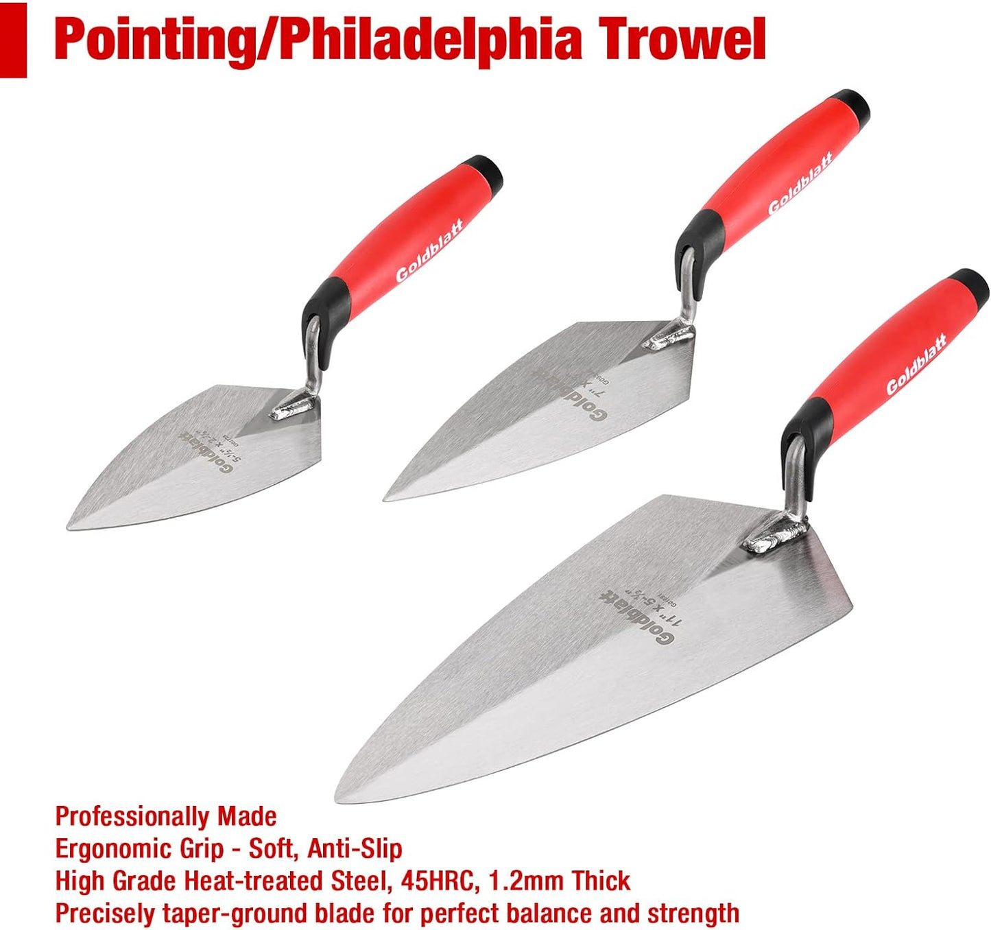 Goldblatt 6PC Masonry Hand Tool Set - 11" x 5-1/2" Philadelphia Brick Trowel, 2PC Pointing Trowel, 5" x 2" Margin Trowel, 1/2" Tuck Pointing Trowel, 5/8” x 1/2” Convex Brick Jointer