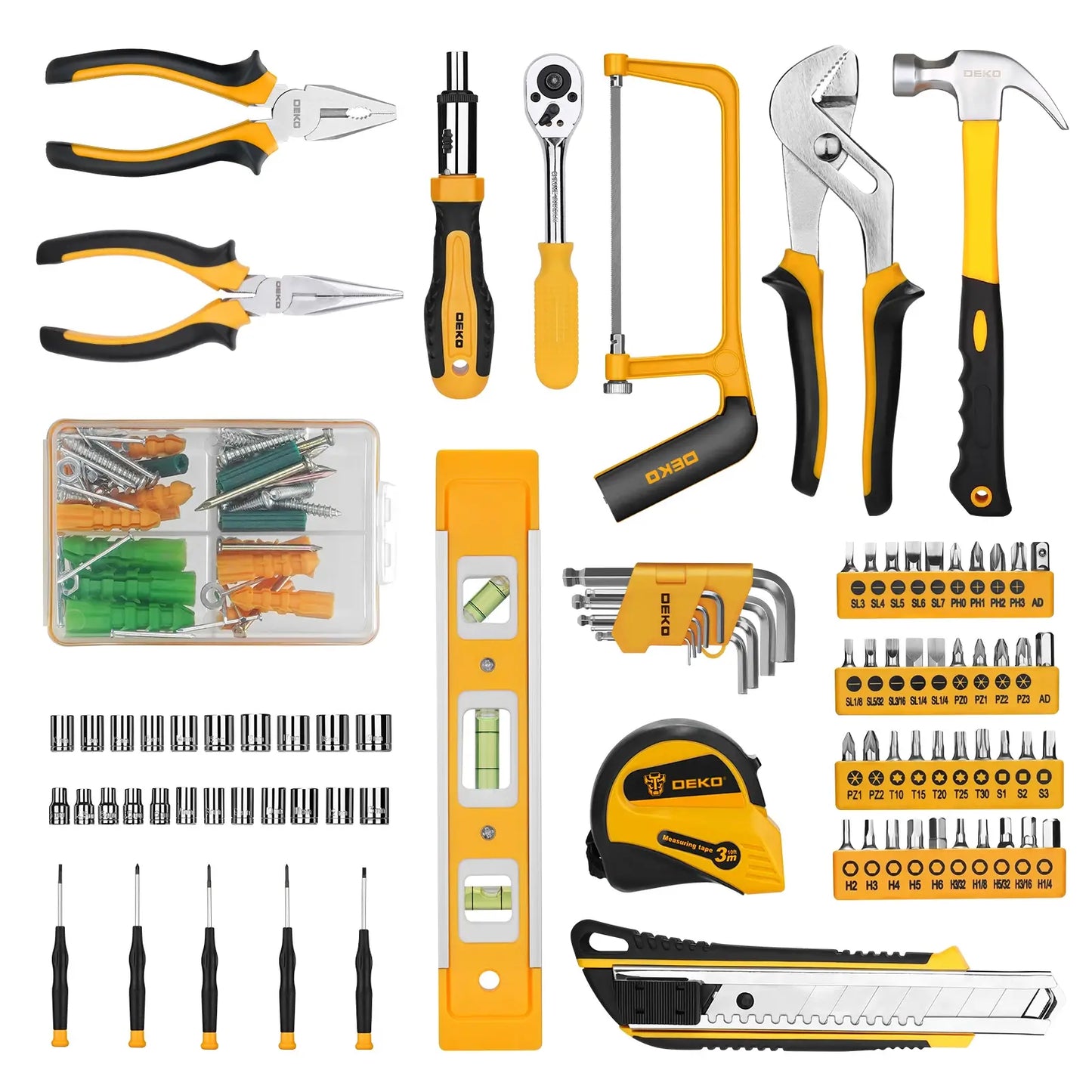 DEKO DKMT228 Socket Wrench Auto Repair Tool Combination Package Mixed Tool Set Hand Tool Kit with Plastic Toolbox Storage Case..