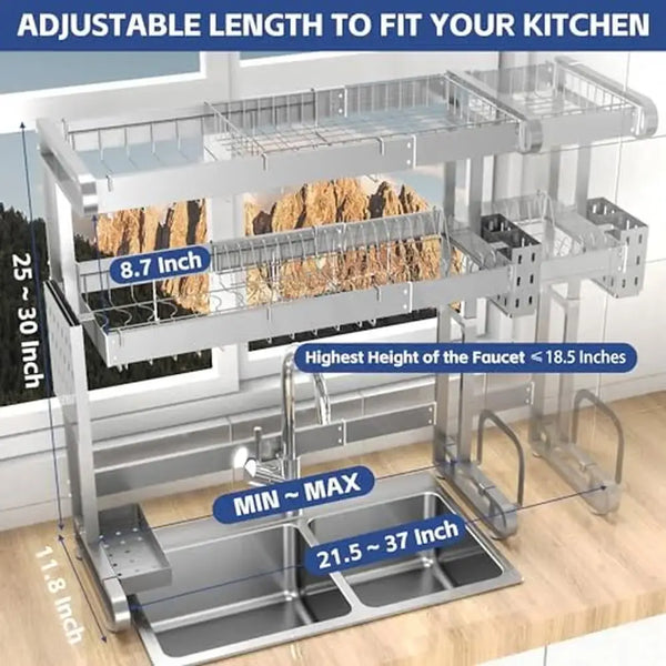 3-Tier Adjustable Stainless Steel Over Sink Dish Drying Rack with Utensil Holder Portable Expandable  Kitchen Organization ..