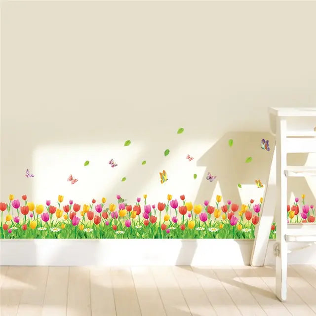 Pastoral Flowers Grass Fence With Butterfly Wall Stickers For Office Shop Bedroom Baseboard Home Decoration Pvc Decals Mural Art