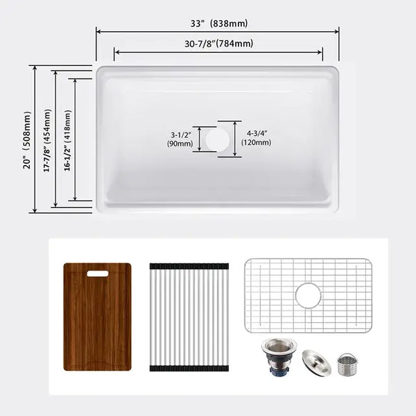 MEJE   Single/Doubble Bowl Farmhouse Kitchen Sink ,Ceramic with Cutting Board ,Grid & Strainer - White  76/84 CM..