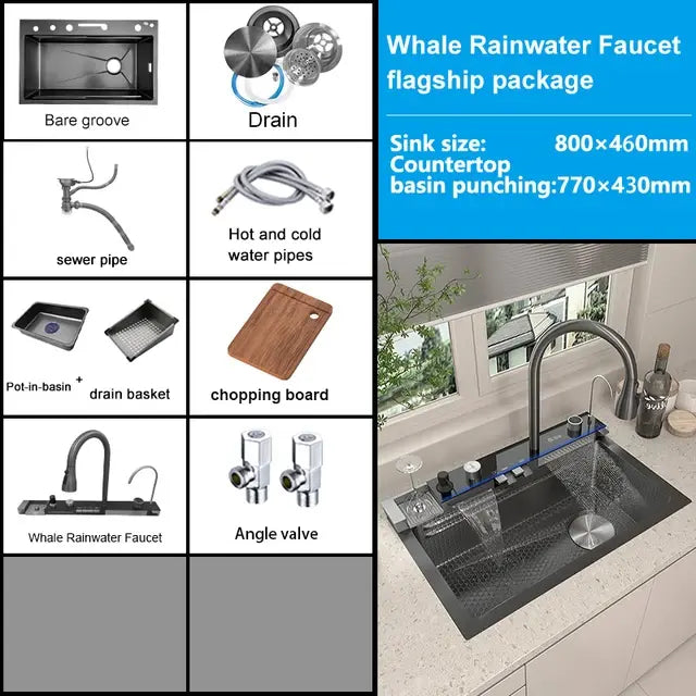 Rotating Waterfall Sink New Stainless Steel Kitchen Sink Multi-function Large Single Slot Integrated Digital Display Wash Basin..