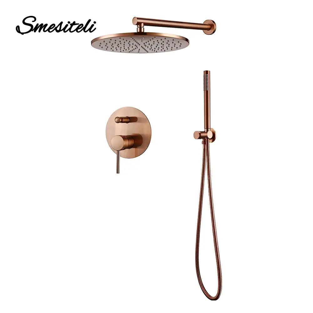 Shower Set Bath Brushed Rose Gold Rainfall Bathroom Faucet Brass Diverter Mixer Tap Hand Held 8-12" Head Wall Arm Valve Kit..