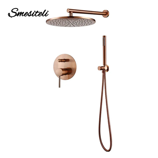 Shower Set Bath Brushed Rose Gold Rainfall Bathroom Faucet Brass Diverter Mixer Tap Hand Held 8-12" Head Wall Arm Valve Kit..