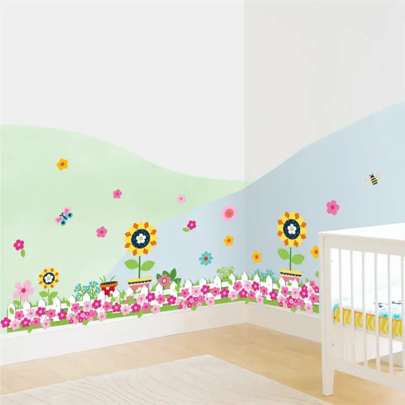 Pastoral Flowers Grass Fence With Butterfly Wall Stickers For Office Shop Bedroom Baseboard Home Decoration Pvc Decals Mural Art