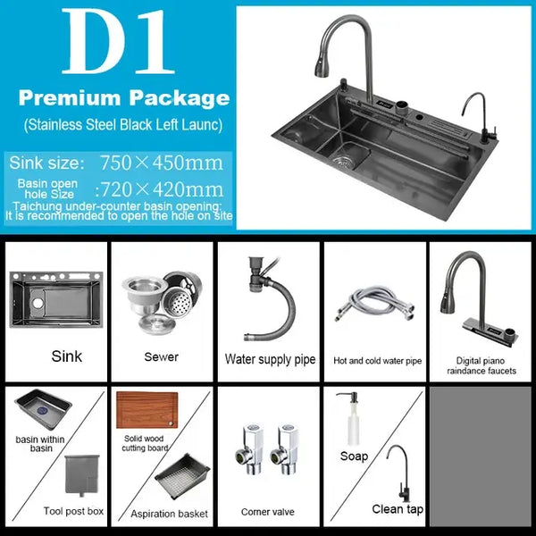 Stainless Steel Kitchen Waterfall Sink Digital Display Large Single Sink Dish Basin Sink With Multifunction Touch Waterfall..