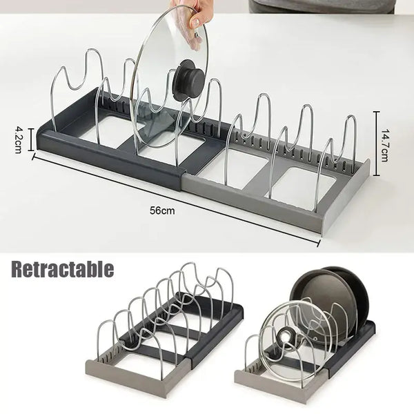 Expandable Pot and Pan Organizers Rack Holder Kitchen Cabinet Pantry Bakeware Organizer Rack with 6 Adjustable Compartments..