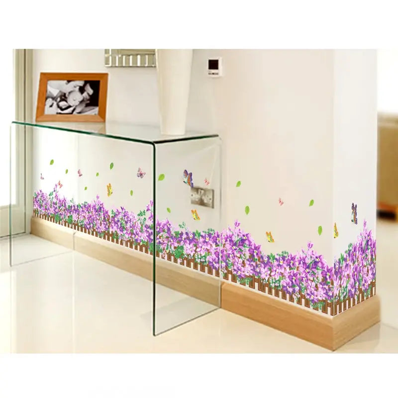 Pastoral Flowers Grass Fence With Butterfly Wall Stickers For Office Shop Bedroom Baseboard Home Decoration Pvc Decals Mural Art