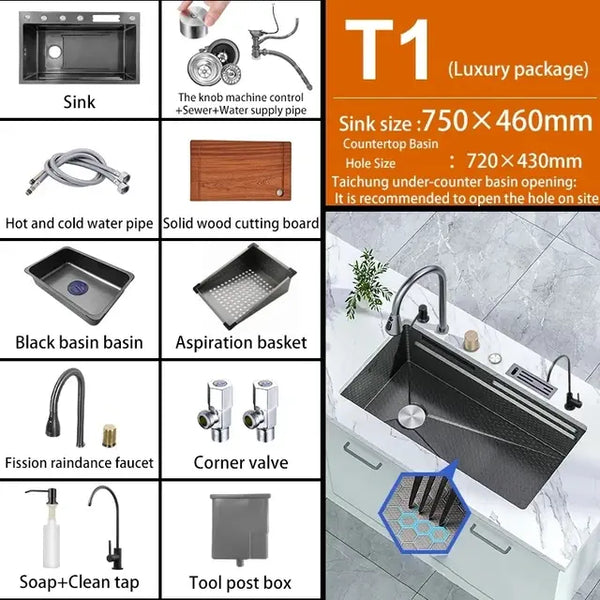 Stainless Steel Kitchen Waterfall Sink Digital Display Large Single Sink Dish Basin Sink With Multifunction Touch Waterfall..