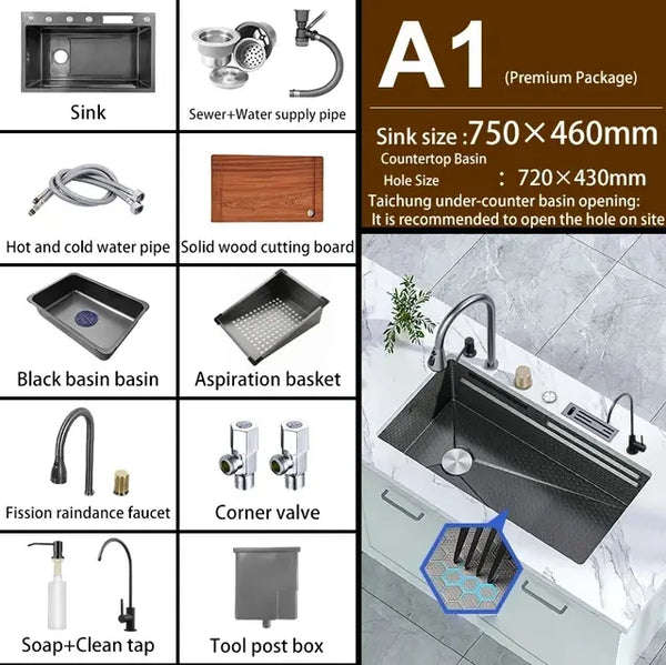 Stainless Steel Kitchen Waterfall Sink Digital Display Large Single Sink Dish Basin Sink With Multifunction Touch Waterfall..