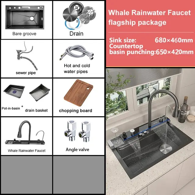 Rotating Waterfall Sink New Stainless Steel Kitchen Sink Multi-function Large Single Slot Integrated Digital Display Wash Basin..