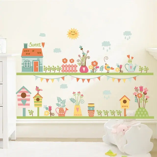 Pastoral Flowers Grass Fence With Butterfly Wall Stickers For Office Shop Bedroom Baseboard Home Decoration Pvc Decals Mural Art