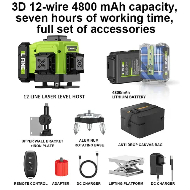 LFINE 3D/4D Laser Level 12/16 Lines Horizontal And Vertical With Remote Control 8 Lines 360°Self-leveling Laser Levels..